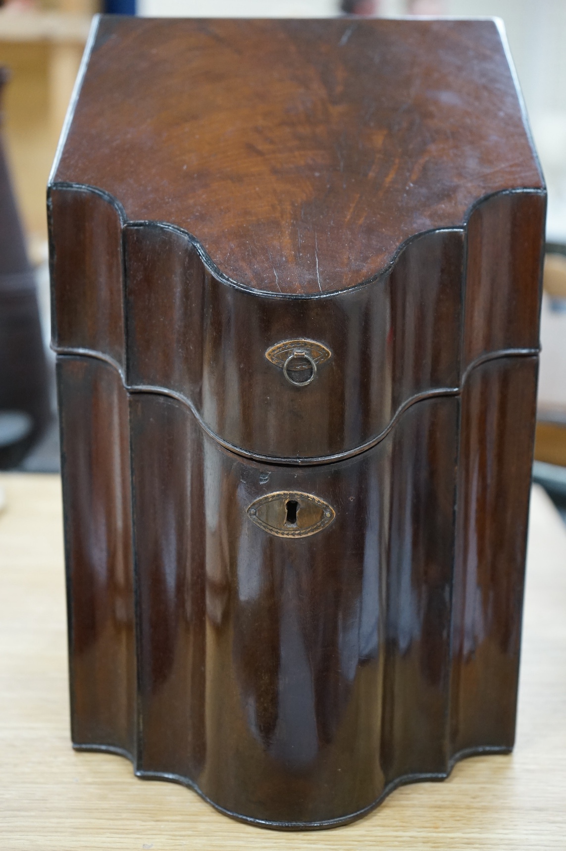 A George III mahogany knife box, original interior, 36.5cm. Condition - fair to good